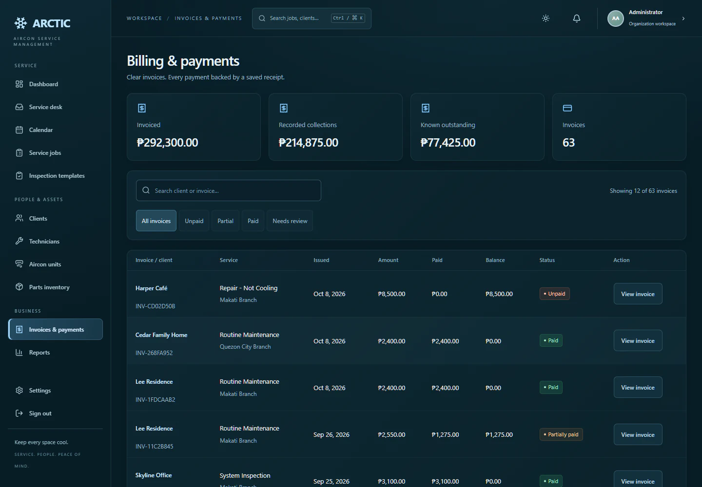 ARCTIC billing table with synthetic invoices, paid and unpaid amounts, outstanding balances, and branch labels.