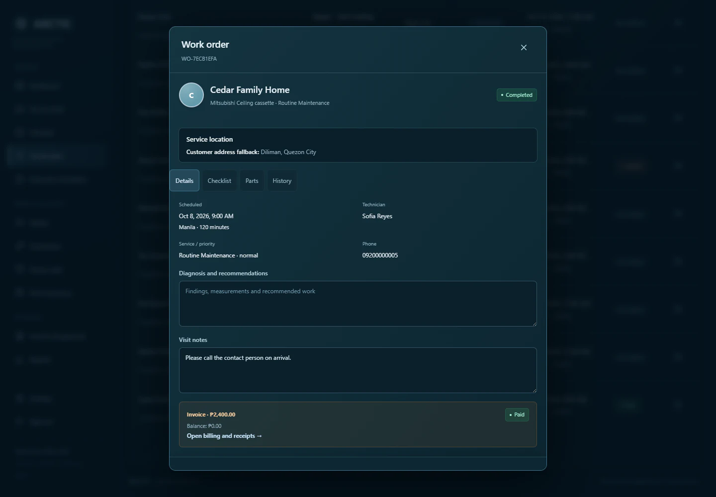 ARCTIC completed work-order details, showing synthetic service information, technician assignment, job status, and billing context.