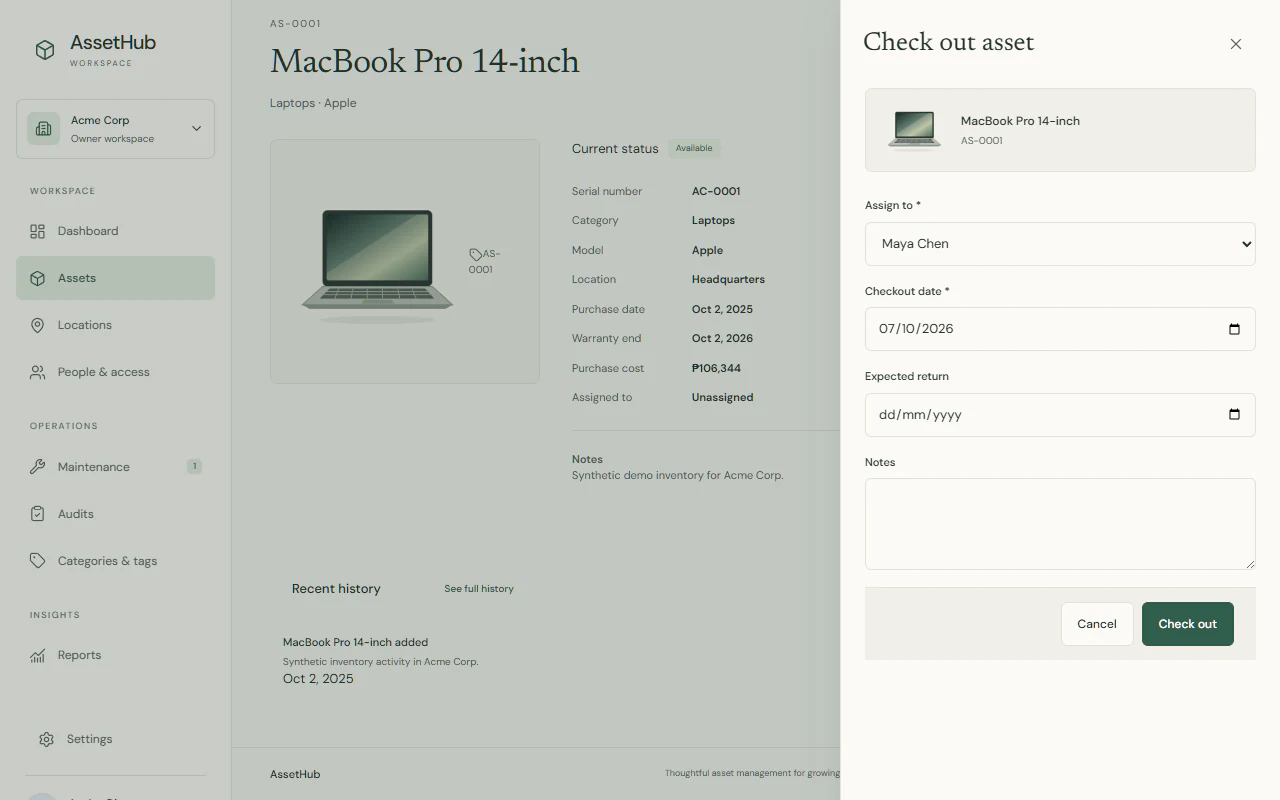 AssetHub unsubmitted checkout form for a synthetic MacBook asset, with custodian, checkout date, expected return, and notes fields.