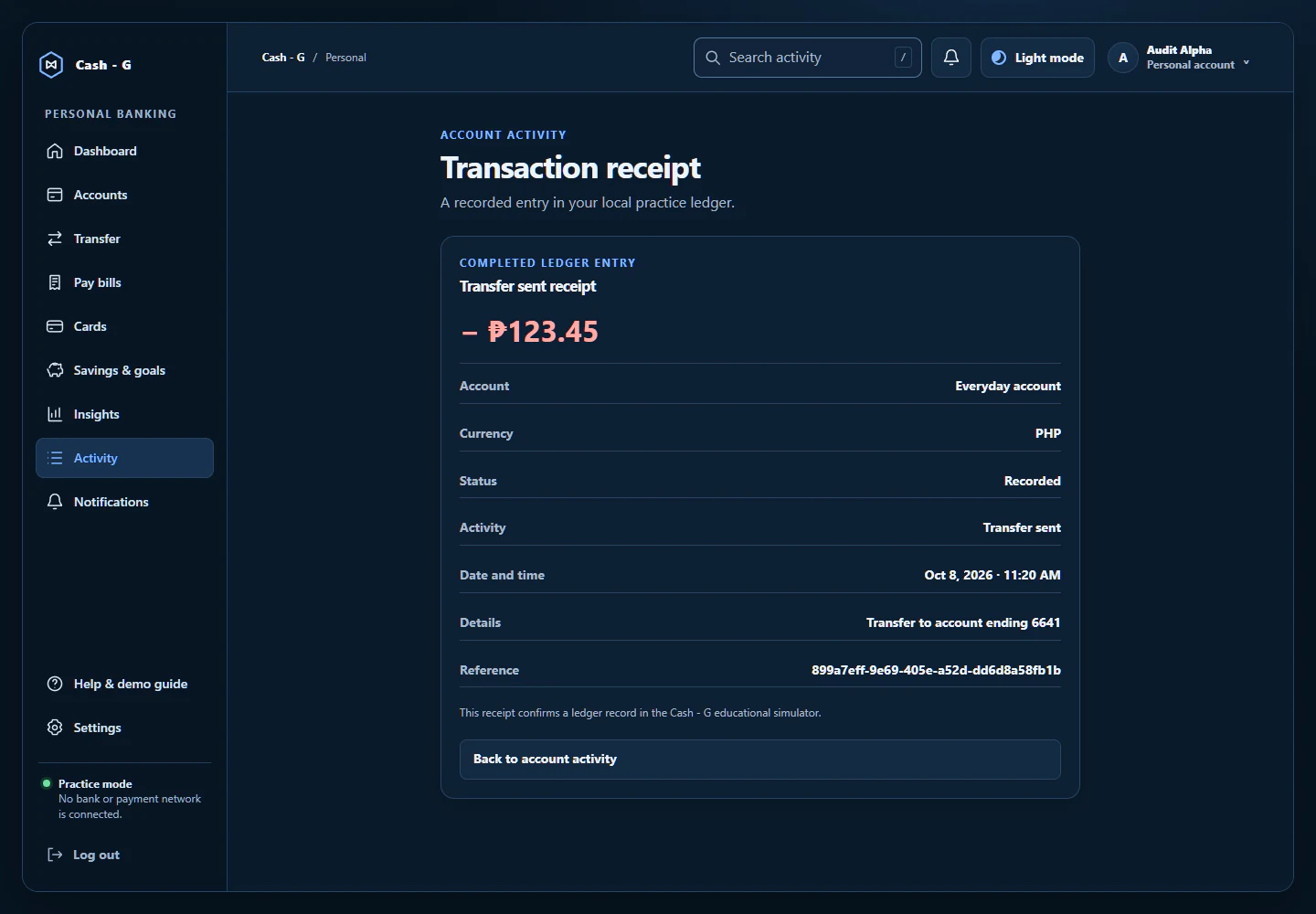 CASH-G Web v2 receipt for a completed synthetic practice transfer.