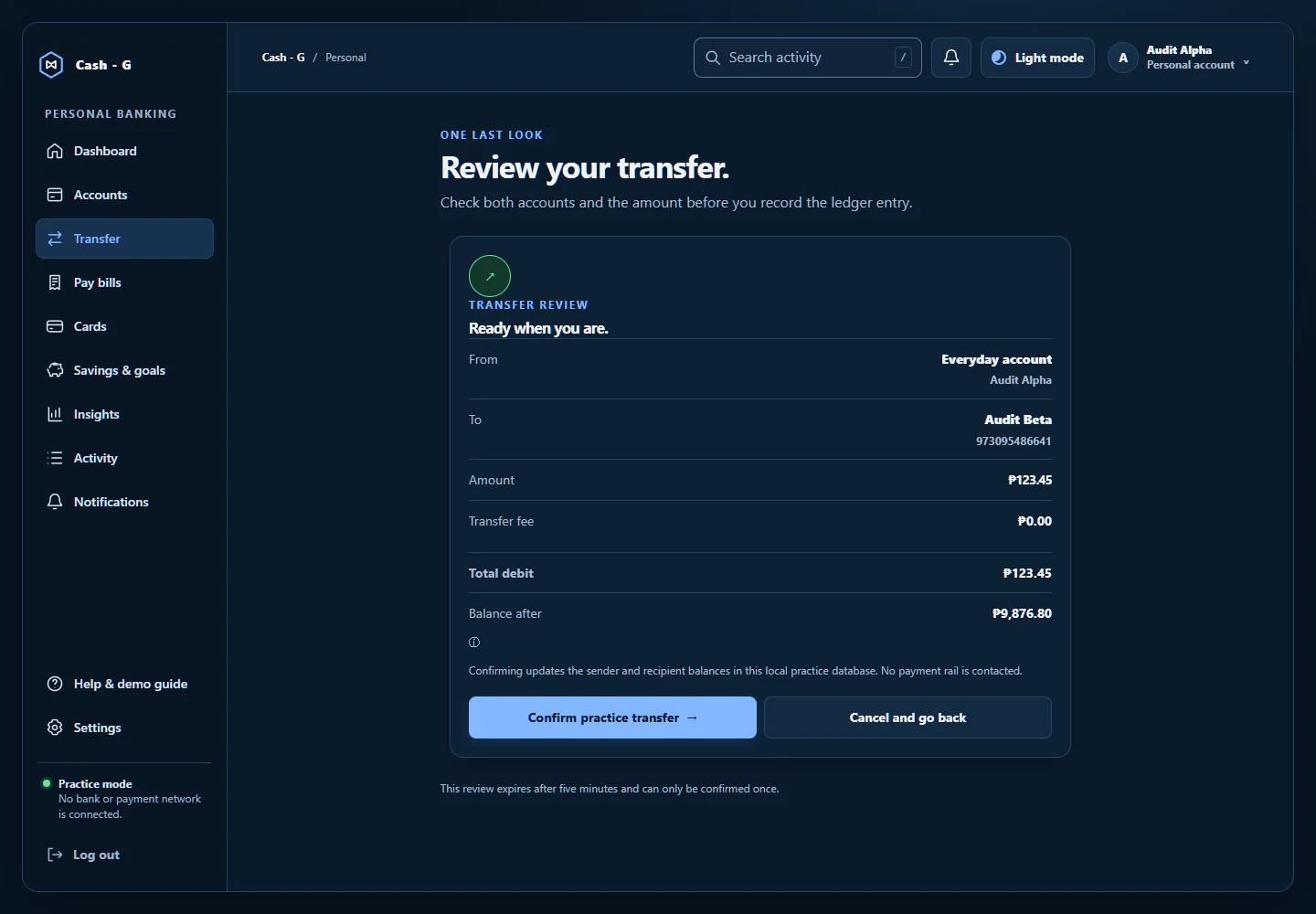 CASH-G Web v2 transfer review screen showing a synthetic recipient and amount before confirmation.